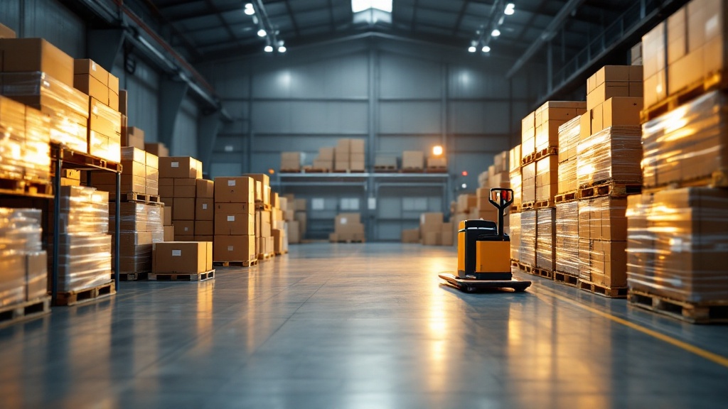 Stacked cartons and wrapped pallets in a freight receiving area
